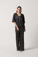 Joseph Ribkoff Dark Grey Metallic Crinkle High-Low Top Style 234246