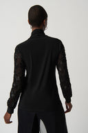 Joseph Ribkoff Black Turtleneck Top With Mesh Soutache Sleeves Style 234255