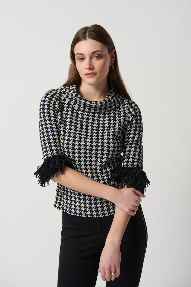 Joseph Ribkoff Black/Off-White Houndstooth Wide Neck Top Style 234269