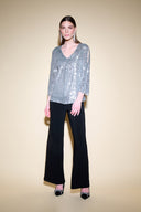 Joseph Ribkoff Silver Grey/Silver Sequin Bell Sleeve Flared Top Style 234701