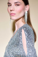 Joseph Ribkoff Silver Grey/Silver Sequin Bell Sleeve Flared Top Style 234701