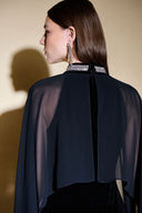 Joseph Ribkoff Black Velvet And Chiffon Dress With Cape And Rhinestone Collar Style 234706