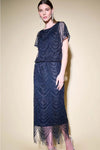 Joseph Ribkoff Navy/Silver Straight Dress With Fringe Hemline Style 234722