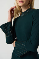 Joseph Ribkoff Alpine Green Embellished Sweater With Bell Sleeve and Mock Neck Style 234920