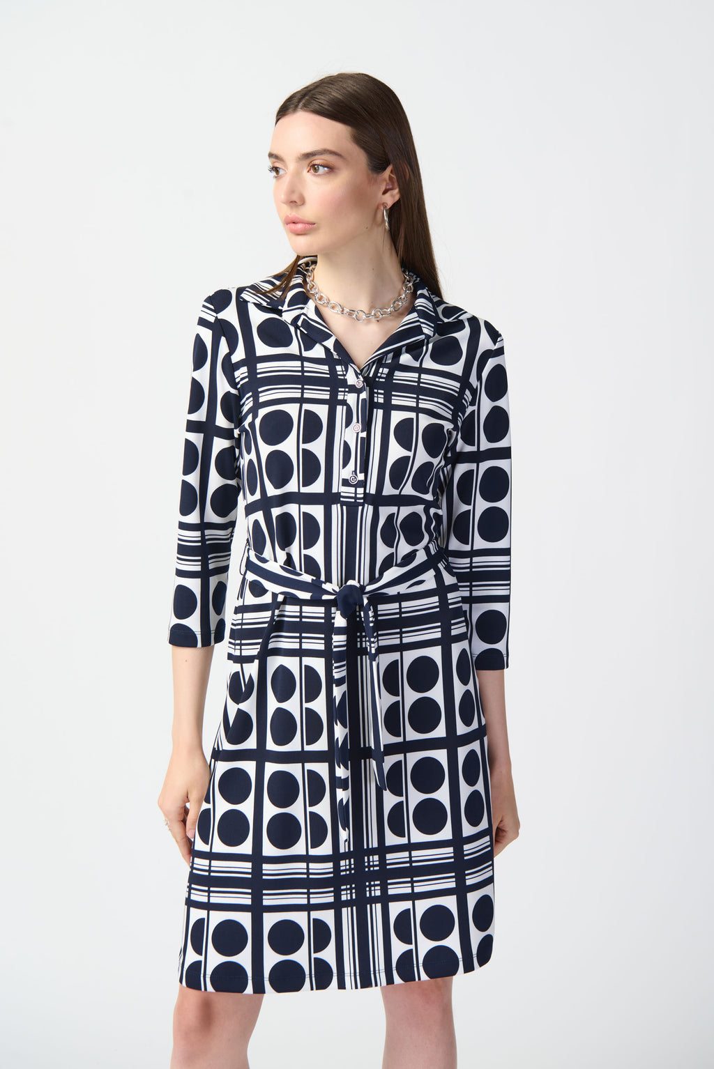 Joseph Ribkoff Vanilla/Midnight Blue Dot Print Belted Shirt Dress Style 241001