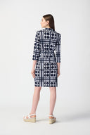 Joseph Ribkoff Vanilla/Midnight Blue Dot Print Belted Shirt Dress Style 241001