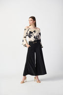 Joseph Ribkoff Beige/Black Floral Satin Off-the-Shoulder Top Style 241022