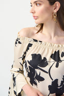 Joseph Ribkoff Beige/Black Floral Satin Off-the-Shoulder Top Style 241022
