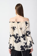Joseph Ribkoff Beige/Black Floral Satin Off-the-Shoulder Top Style 241022