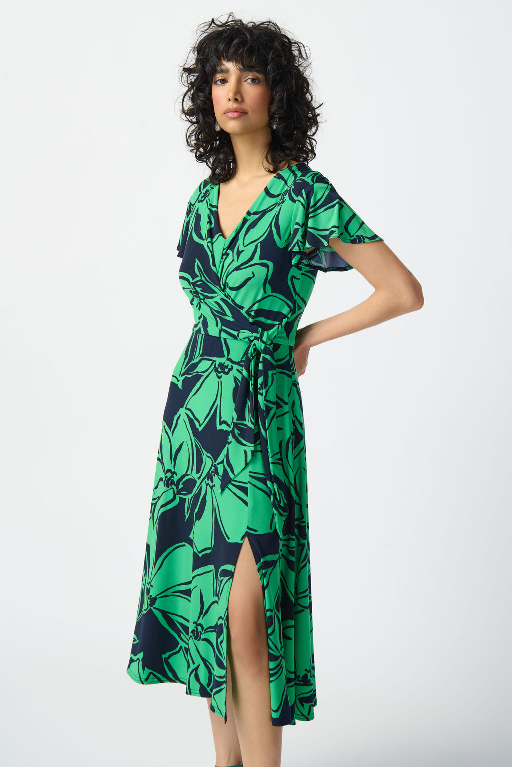 Joseph Ribkoff Midnight Blue/Green Floral Print Flowy Wrap Dress Style 241052