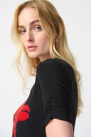 Joseph Ribkoff Black/Red Floral Print Knit Flare Top Style 241138