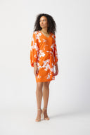 Joseph Ribkoff Mandarin/Vanilla Floral Print Puff Sleeve Belted Dress Style 241207
