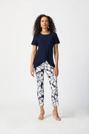 Joseph Ribkoff Midnight Blue/Vanilla Leaf Print Pull-On Pants Style 241270