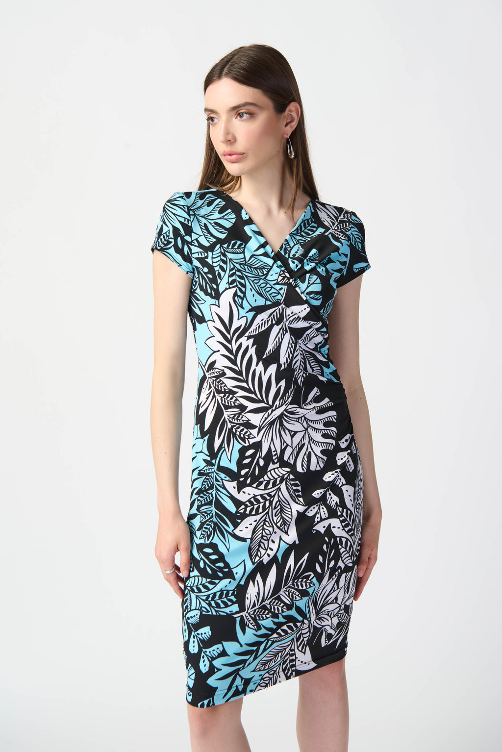 Joseph Ribkoff Black/Multi Tropical Print Silky Knit Wrap Dress Style 241287