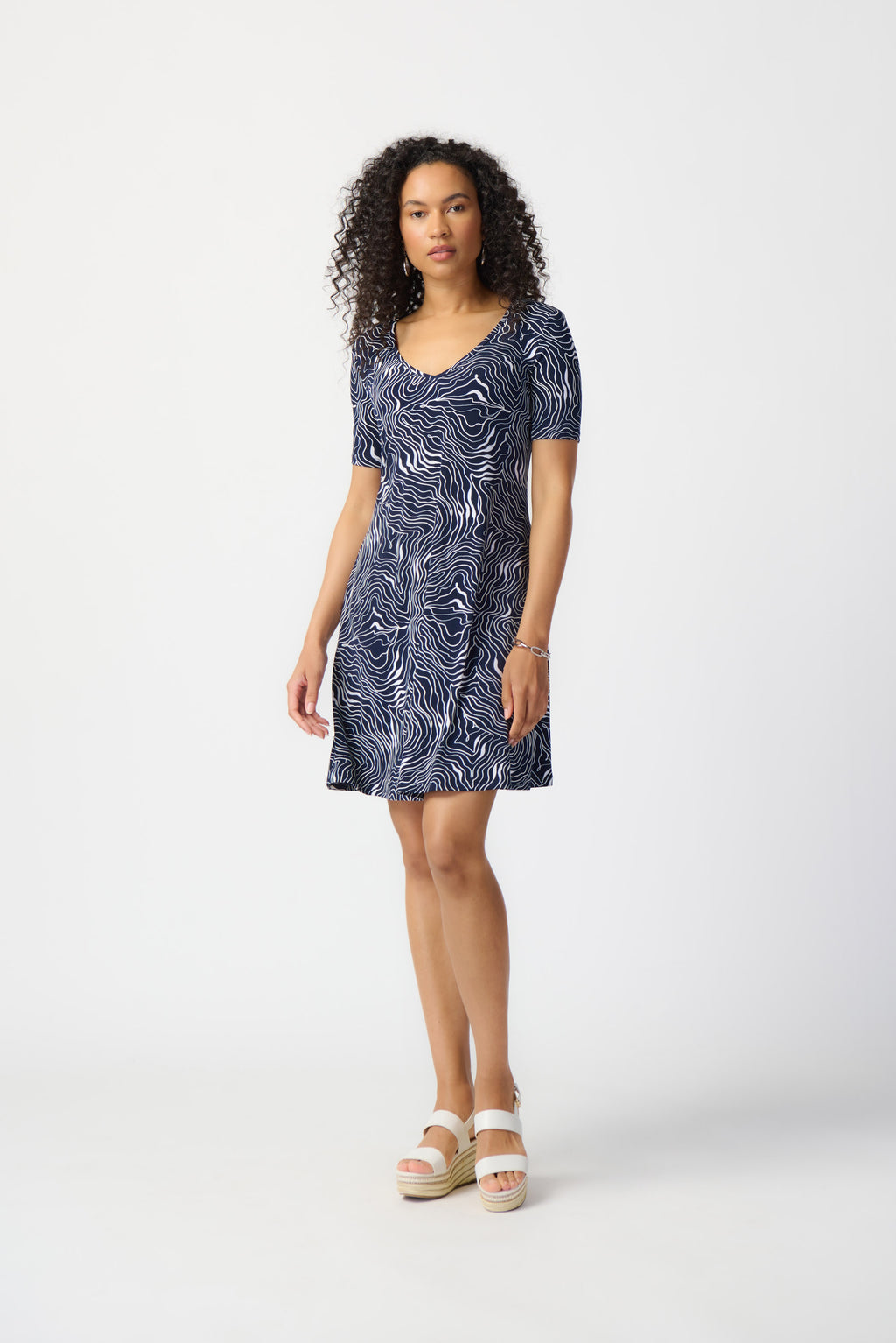 Joseph Ribkoff Midnight Blue/Vanilla Abstract Print Puff A-Line Dress Style 241293