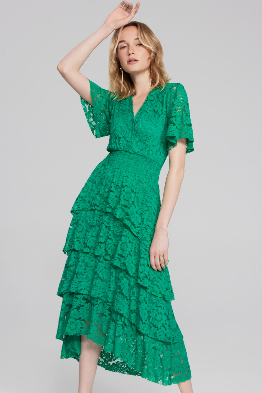 Joseph Ribkoff Noble Green Lace Ruffled A-Line Dress Style 241759