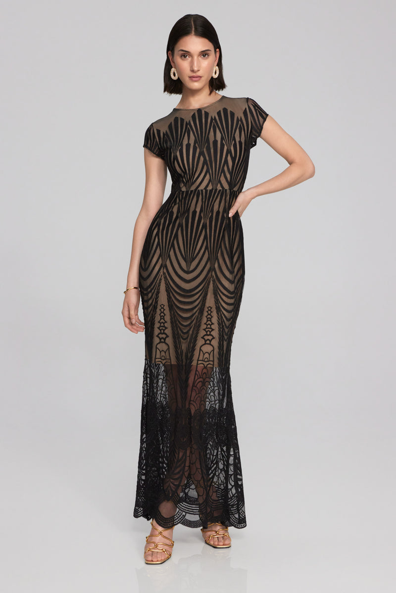 Joseph Ribkoff Black/Nude Embroidered Lace Trumpet Gown Style 241776