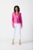 Joseph Ribkoff Bright Pink Foiled Suede Jacket With Metal Trims Style 241911