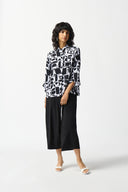 Joseph Ribkoff Vanilla/Black Geometric Print Trapeze Blouse Style 242213