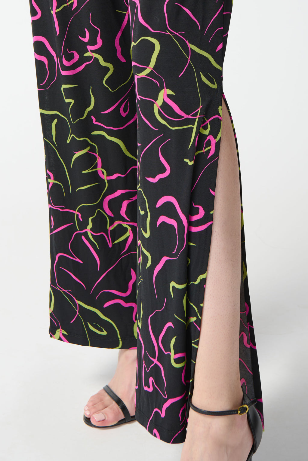 Joseph Ribkoff Black/Multi Leaf Print Wide-Leg Pants Style 242221