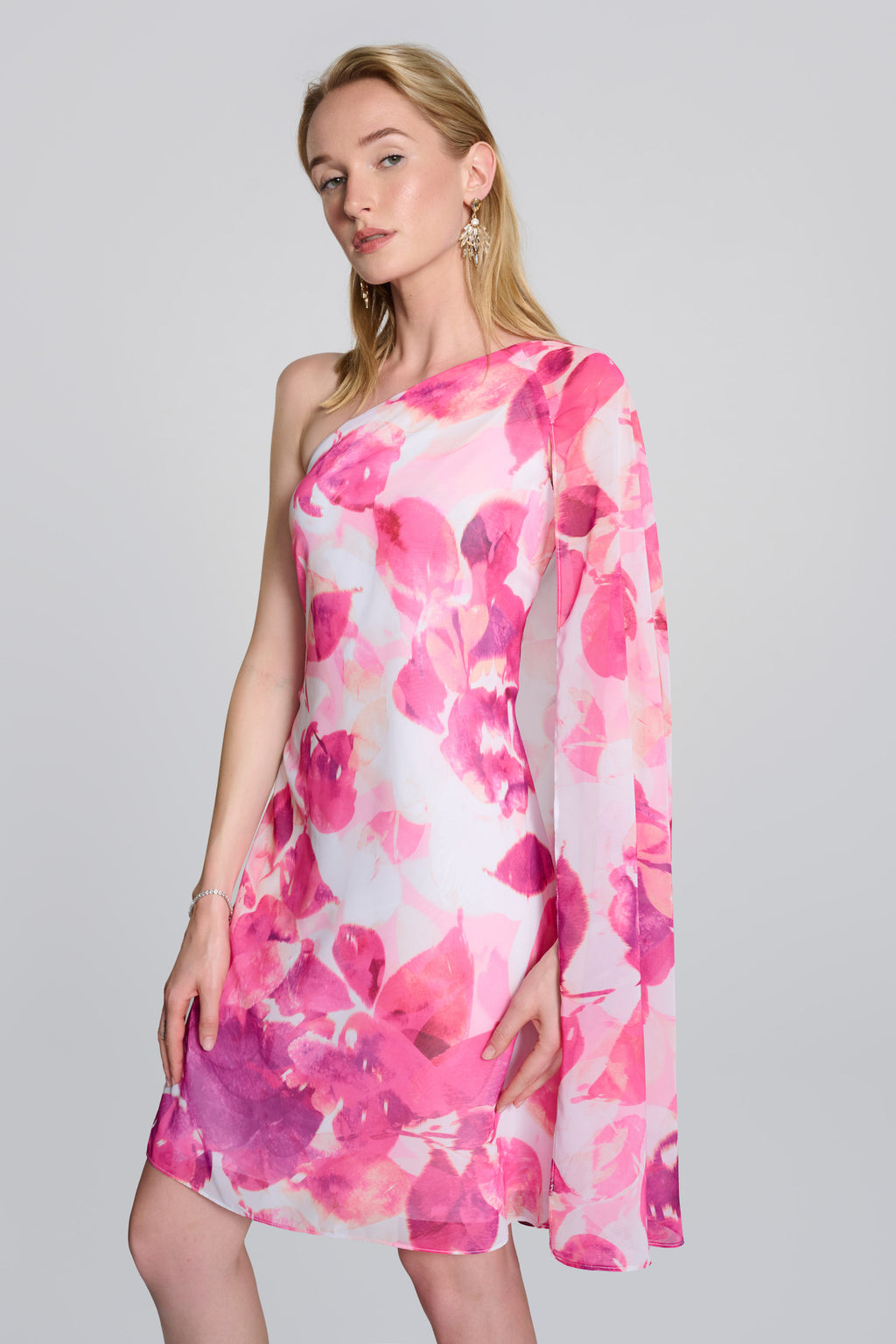 Joseph Ribkoff Vanilla/Multi Floral Print One Shoulder Cape Dress Style 242716