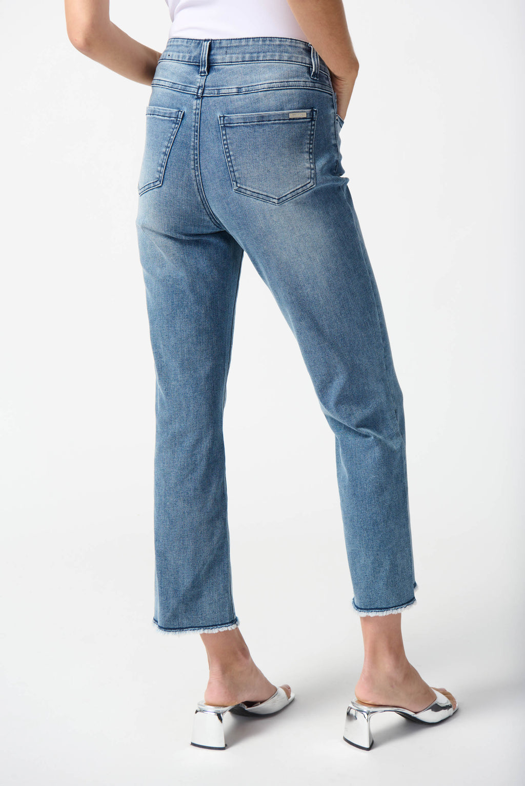 Joseph Ribkoff Denim Medium Blue Frayed Hem Straight Jeans Style 242922