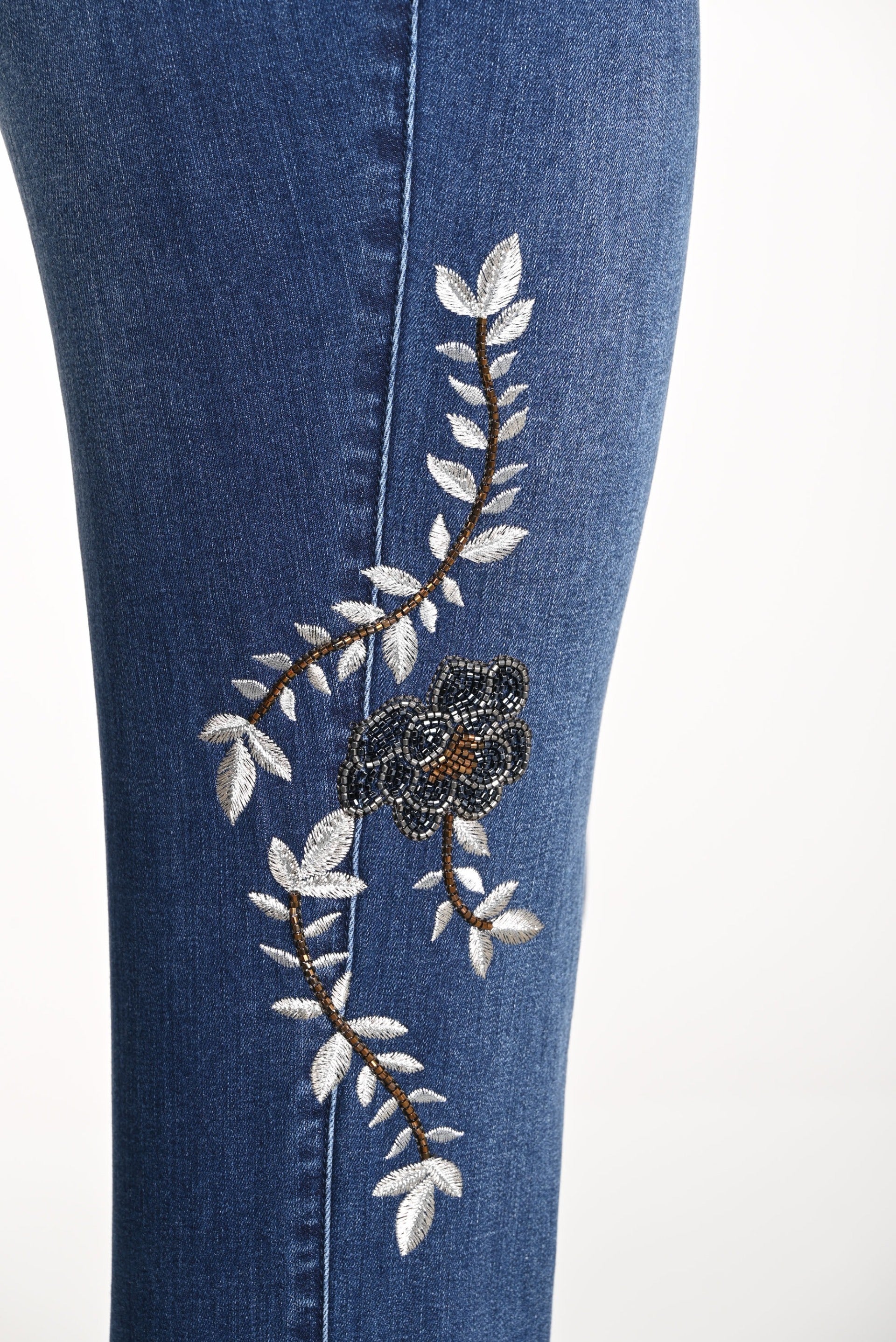 Frank Lyman Blue Denim Pants with Floral Embroidery Style
