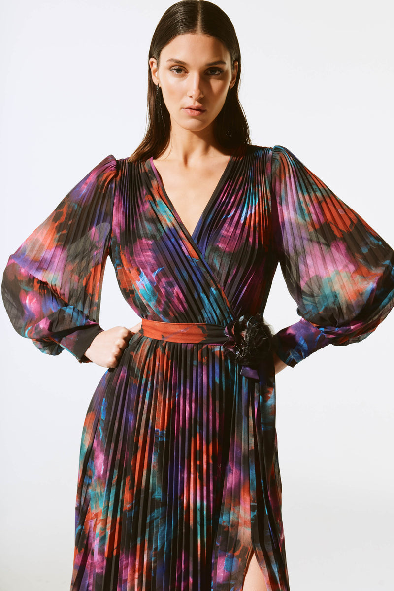 Joseph Ribkoff Black/Multi Floral Print Chiffon Pleated Midi Dress Style 243770X