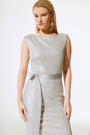 Joseph Ribkoff Matte Silver Sequined Gown With Satin Sash Style 243775