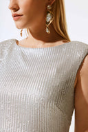 Joseph Ribkoff Matte Silver Sequined Gown With Satin Sash Style 243775