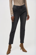 Joseph Ribkoff Charcoal Grey Denim Pants With Rhinestones and Mesh Detail Style 243914