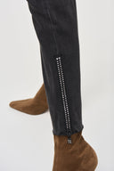 Joseph Ribkoff Charcoal Grey Denim Pants With Rhinestones and Mesh Detail Style 243914