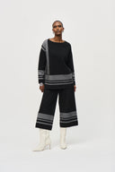 Joseph Ribkoff Black/Vanilla Jacquard Sweater Knit Culotte Pants Style 243950