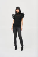 Joseph Ribkoff Black Chiffon Pleated Top With Ruffled Sleeves Style 243957