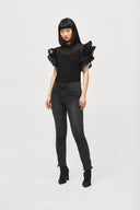 Joseph Ribkoff Black Chiffon Pleated Top With Ruffled Sleeves Style 243957