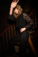 Joseph Ribkoff Black Top With Dot Burnout Sleeves Style 244019