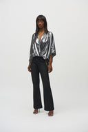 Joseph Ribkoff Pewter Metallic Foiled Chiffon Wrap Top Style 244232