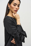 Joseph Ribkoff Black Satin Ruffle Sleeve Straight Dress Style 244235