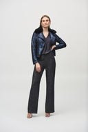 Joseph Ribkoff Blue/Black Foiled Suede Jacket with Faux-Fur Collar Style 244918