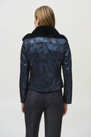 Joseph Ribkoff Blue/Black Foiled Suede Jacket with Faux-Fur Collar Style 244918