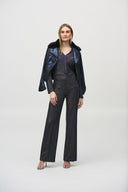 Joseph Ribkoff Blue/Black Foiled Suede Jacket with Faux-Fur Collar Style 244918