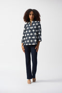 Joseph Ribkoff Off-White/Navy Geometric Print Trapeze Jacket Style 251000