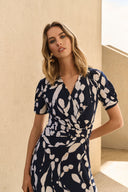 Joseph Ribkoff Midnight Blue/Beige Abstract Print Wrap Dress Style 251014