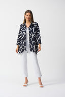 Joseph Ribkoff Midnight Blue/Vanilla Jacquard Abstract Print Handkerchief Jacket Style 251021