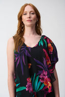 Joseph Ribkoff Black/Multi Silky Knit Jumpsuit With Tropical Chiffon Overlay Style 251152