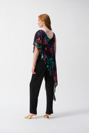 Joseph Ribkoff Black/Multi Silky Knit Jumpsuit With Tropical Chiffon Overlay Style 251152