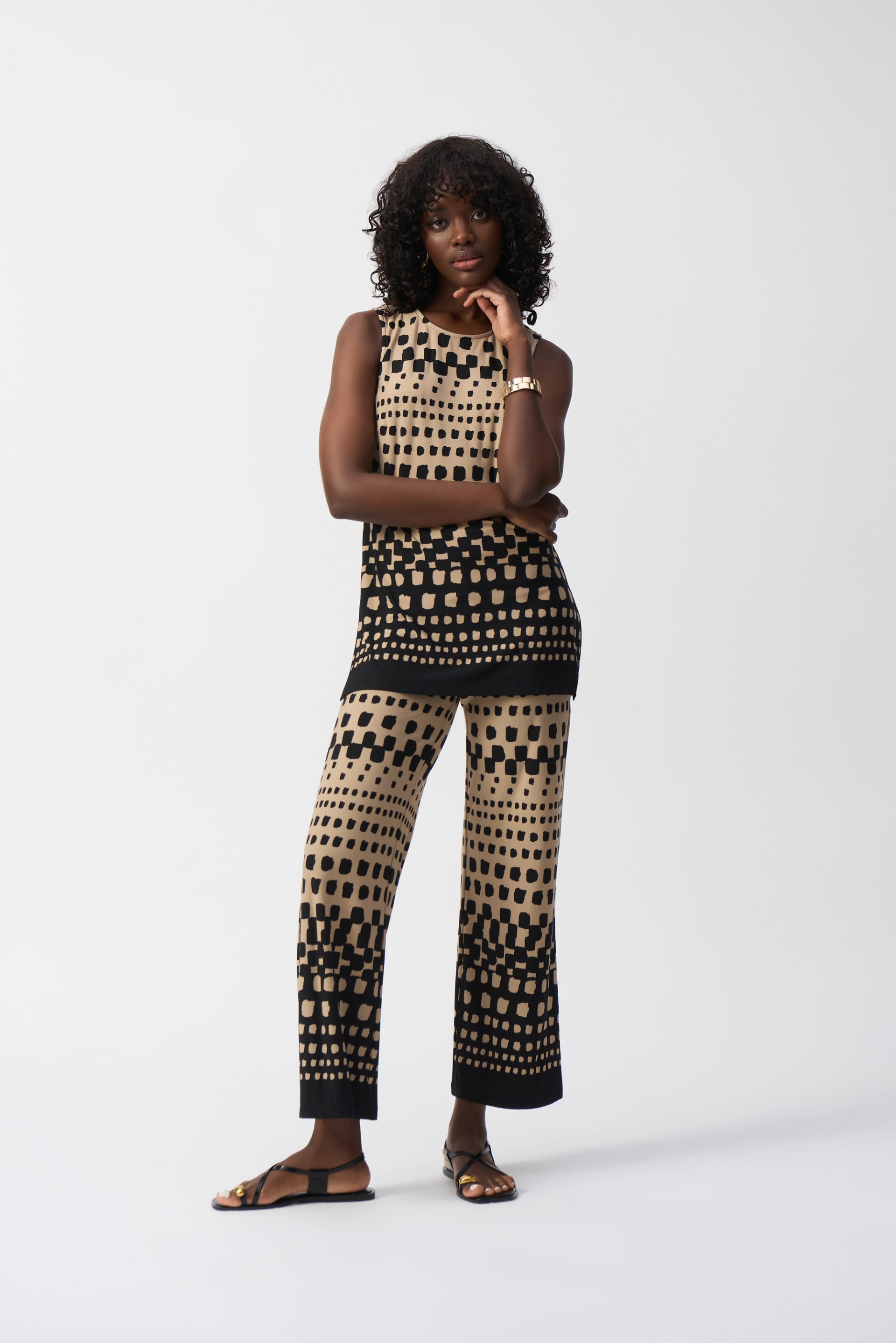 Joseph Ribkoff Black/Dune Silky Knit Dot Print Sleeveless Tunic