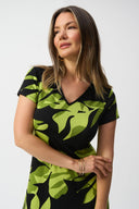 Joseph Ribkoff Black/Multi Silky Knit Tropical Print A-Line Dress Style 251200