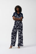 Joseph Ribkoff Midnight Blue/Vanilla Geometric Print Wide Leg Pants Style 251216
