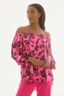 Joseph Ribkoff Black/Multi Satin Floral Print Off-Shoulder Top Style 251784